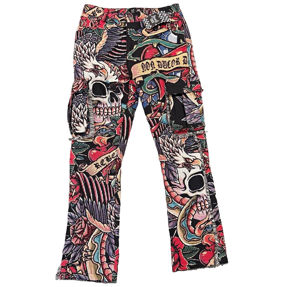 Rebel Vengeance Tapestry Cargo Pants Mens 32 Skull Eagle Tattoo Streetwear NWT